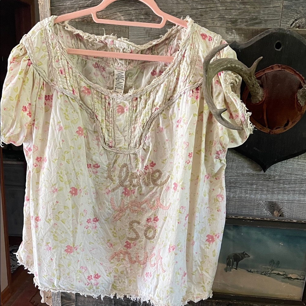 Magnolia Pearl Floral Cream and Pink Blouse